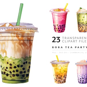 Bubble Tea Clipart - Boba Tee PNG, Kawaii Getränke, süßes Essen Sofort druckbare Datei, Boba für Party, Digital- & Papierdesign, Transparentes PNG