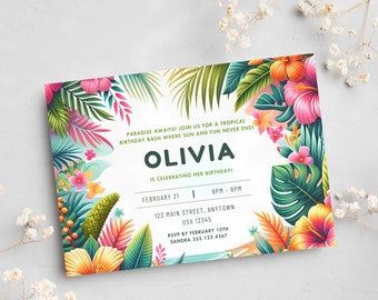 Hawaiian Luau Party Invite, Tropical Editable Summer Aloha Birthday & Pool Party Template, Floral Beach Mobile, Thank You Tag