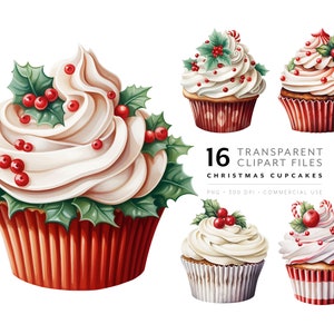 Clipart de cupcakes navideños: archivos PNG de alimentos con acuarela, imágenes prediseñadas de alimentos de invierno para imprimir en diarios basura, planificadores y creación de tarjetas