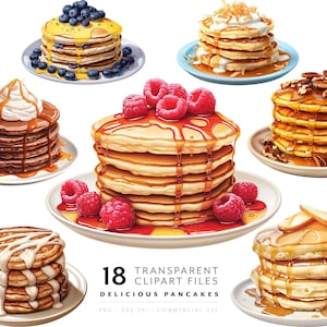 Pannenkoeken clipart, ontbijt png-bestanden, aquarel brunch illustraties, voedsel graphics voor restaurants, café & menu, commerciële licentie inbegrepen