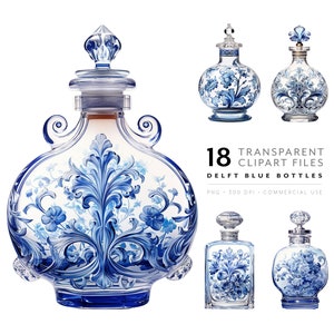 Clipart de Chinoiserie - Archivo PNG azul de Delft, frasco de perfume antiguo, efímera de diario y álbum de recortes Toile de Jouy, clip art de autocuidado
