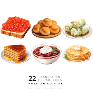 May include: A collection of 22 illustrated images of Russian cuisine, including blinis, caviar on toast, cabbage rolls, and borscht. The images are in a cartoon style and are perfect for use in digital or printed projects.