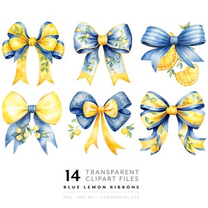 Coquette Bow PNG - Blaues und Gelbes Band Clipart, weiches Mädchen Amalfi Ästhetik, Cottagecore Clip Art, Grafiken für Karten, Planer, Einladungen