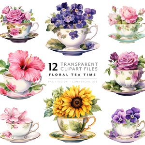 Tazza da tè floreale Clipart Tazza da tè PNG, Fiori in acquerello Tazza da tè Grafica, High Tea & Garden Tea Party, Cottagecore Stampabile per lavoretti di carta