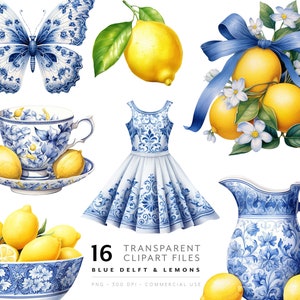 Aquarell Zitrone Clipart Toile De Jouy PNG Limonade, Blau Delft Pottery Clip Art Schmetterling PNG für Hochzeit Scrap Buch, Brautparty, Karte