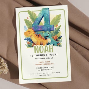 Modèle d'invitation d'anniversaire dinosaure, 4e anniversaire numérique, Evite mobile modifiable T-Rex, quatrième carte imprimable, texte modifiable