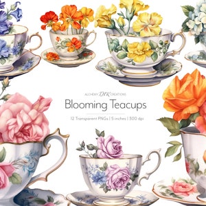 Aquarel theekopje bloemen clipart, theekopje bloemen png, antiek digitaal downloadbestand, afdrukbare vintage kopjes voor kaarten, plakboek, dagboek