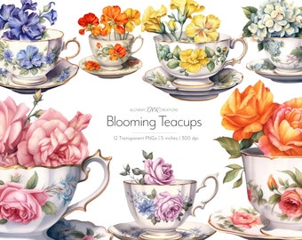Watercolour Teacup Flowers Clipart, Teacup Flowers PNG, Antique Digital Download File, Printable Vintage Cups for Cards, Scrapbook, Journal