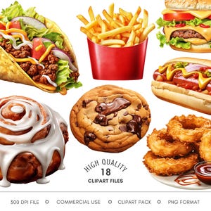 Junk Food Clipart, Fast Food PNGs von Pizza, Burger, Taco & Hot Dog, Chocolate Chip Cookie Clip Art, hochwertige Restaurantmenügrafiken