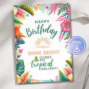 Gelukkige verjaardagskaart afdrukbaar - Hawaiiaanse tropische verjaardag wenskaart PNG Instant Download Aloha & Pool Party Beach Wishes, Print thuis