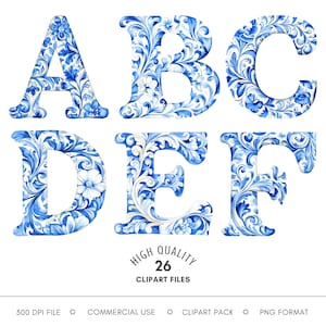 Clipart alphabet - toile de Jouy lettres PNG, lettrage numérique alphabet floral aquarelle, clipart pour mariage, scrapbooking et baby shower