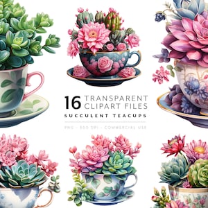 Aquarel theekopje bloemstuk clipart-sappige arrangement PNG cactus mok afdrukbaar kamerplantbestand voor kaarten, dagboek, planner