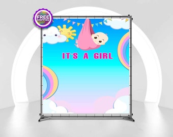 Custom Girl Gender Reveal Backdrop, Custom Birthday Banner, Step and Repeat Backdrop, Picture Backdrop Photo, Vinyl Party Backdrop
