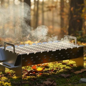 Op de afbeelding: Een kleine, zilverkleurige draagbare grill met een rechthoekig rooster en handgrepen. Er stijgt rook op van de grill, wat suggereert dat deze in gebruik is. De grill staat op mos en gevallen bladeren, met een vage bosachtergrond.