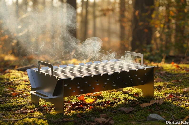 Op de afbeelding: Een kleine, zilverkleurige draagbare grill met een rechthoekig rooster en handgrepen. Er stijgt rook op van de grill, wat suggereert dat deze in gebruik is. De grill staat op mos en gevallen bladeren, met een vage bosachtergrond.