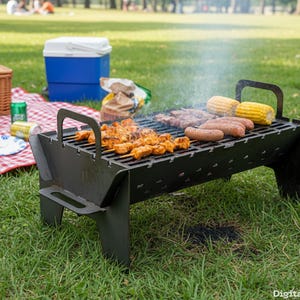 Op de afbeelding: Een zwarte draagbare houtskoolbarbecue met handvatten, waarop diverse gerechten worden gegrild, zoals kiesspiesjes, worstjes en ma&iuml;skolven. De barbecue staat op gras, met een picknickkleed, koelbox en andere picknickartikelen op de achtergrond.