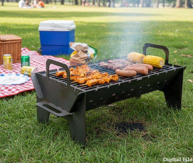 Op de afbeelding: Een zwarte draagbare houtskoolbarbecue met handvatten, waarop diverse gerechten worden gegrild, zoals kiesspiesjes, worstjes en ma&iuml;skolven. De barbecue staat op gras, met een picknickkleed, koelbox en andere picknickartikelen op de achtergrond.