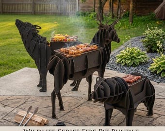 3-in-1 dierenbarbecue DXF-bundel: Hert, wolf, beer vuurkorf vectorplan