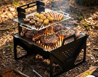 Double Decker Portable Camping Grill DXF File: Collapsible Flat Pack BBQ Vector Plan