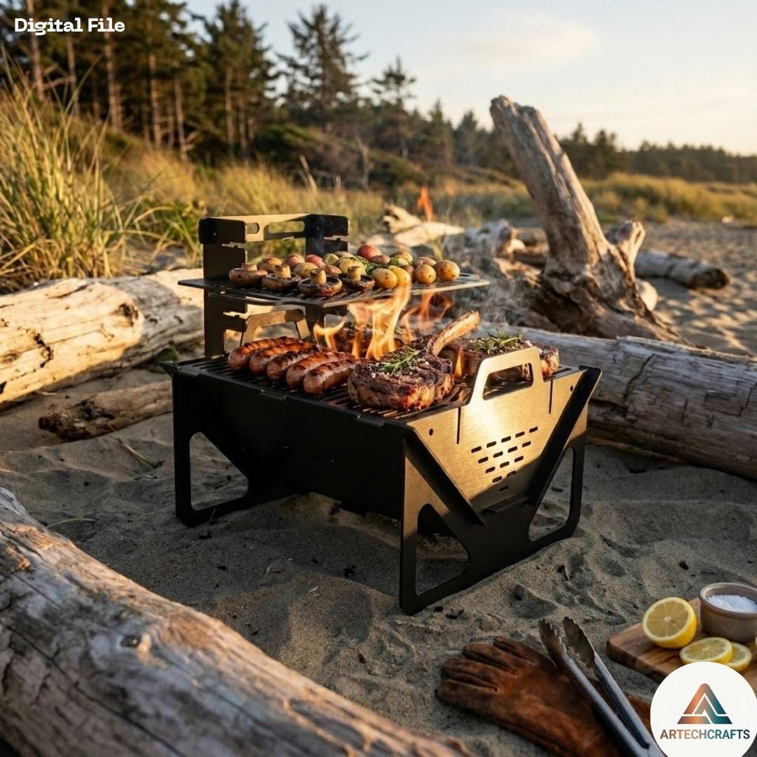 Double Decker Portable Camping Grill DXF File: Collapsible Flat