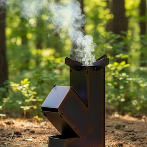 May include: A black metal camping stove with smoke rising from the top. The stove features a rectangular body with an angled fuel chamber and a small ash collection box. The background is a blurred forest scene.
