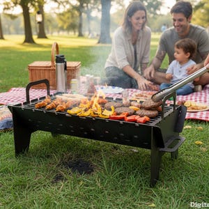Op de afbeelding: Een zwarte metalen draagbare grill met handvatten, waarop hamburgers, kip en groenten worden gegrild. Op de achtergrond picknickt een gezin op een rood-wit geblokt kleed. Een picknickmand en thermoskan zijn ook zichtbaar.