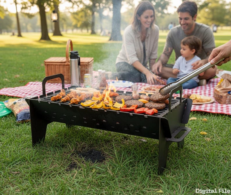 Op de afbeelding: Een zwarte metalen draagbare grill met handvatten, waarop hamburgers, kip en groenten worden gegrild. Op de achtergrond picknickt een gezin op een rood-wit geblokt kleed. Een picknickmand en thermoskan zijn ook zichtbaar.