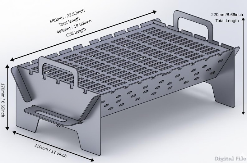 Op de afbeelding: Een zilveren metalen grill met een rechthoekig rooster en handvatten. De totale lengte is 580 mm, de grilllengte is 498 mm en de totale hoogte is 170 mm. De totale breedte is 220 mm.