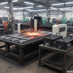 Op de afbeelding: Een industri&euml;le CNC-plasmasnijder in bedrijf, die een metalen plaat snijdt met vonken. Twee zwarte metalen trays staan op een nabijgelegen tafel. De machine staat in een fabrieksomgeving.