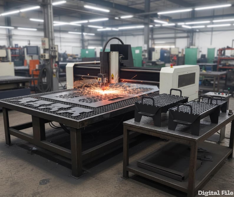 Op de afbeelding: Een industri&euml;le CNC-plasmasnijder in bedrijf, die een metalen plaat snijdt met vonken. Twee zwarte metalen trays staan op een nabijgelegen tafel. De machine staat in een fabrieksomgeving.