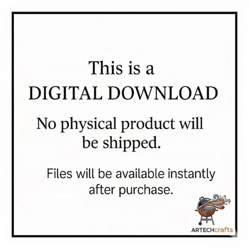 Op de afbeelding: Witte achtergrond met zwarte tekst: "Dit is een DIGITALE DOWNLOAD. Er wordt geen fysiek product verzonden. Bestanden zijn direct na aankoop beschikbaar." Inclusief het ARTECHcrafts-logo.