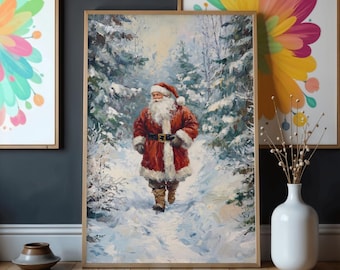 Arte de parede vintage do Papai Noel, impressão de pintura a óleo, pôster natalino estilo fazenda, decoração para imprimir, download digital