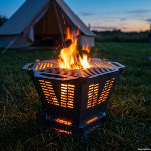 Puede incluir: Un brasero de metal oscuro con un diseño geométrico, lleno de llamas de color naranja brillante. El brasero está sobre hierba verde, con una tienda de campaña al fondo. El brasero tiene una base cuadrada y un diseño de listones.