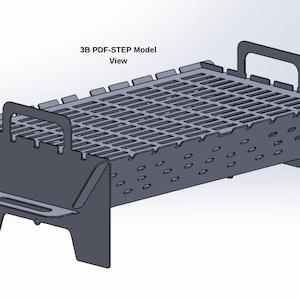 Op de afbeelding: Een draagbare grill van donkergrijs metaal met een rechthoekige vorm en een sleufvormig grilloppervlak. Het heeft twee handvatten en is ontworpen met een reeks kleine gaten langs de zijkanten. De tekst "3B PDF-STEP Model View" is zichtbaar.