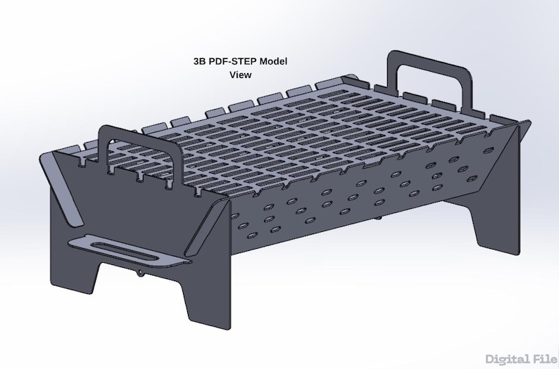 Op de afbeelding: Een draagbare grill van donkergrijs metaal met een rechthoekige vorm en een sleufvormig grilloppervlak. Het heeft twee handvatten en is ontworpen met een reeks kleine gaten langs de zijkanten. De tekst "3B PDF-STEP Model View" is zichtbaar.