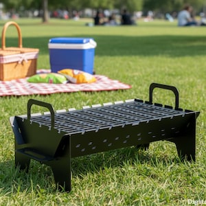 Puede incluir: Una barbacoa portátil de carbón negra con una rejilla rectangular y asas, colocada sobre césped. Una cesta de picnic, una nevera y aperitivos están en el fondo, lo que sugiere una reunión al aire libre.