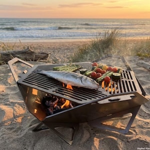 May include: A stainless steel portable barbecue with a fish and vegetables cooking over a small fire on a sandy beach. The barbecue is open and has a rectangular cooking surface. The background shows the ocean and a sunset.