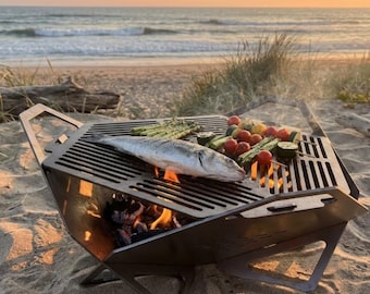 Parrilla portátil para acampar, archivo DXF, plano de barbacoa cortado a láser, fogata plegable, vector