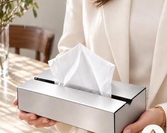 Dispensador moderno de chapa metálica para caja de pañuelos, fabricado mediante mecanizado CNC en acero inoxidable AISI 304/316 de 1 mm.