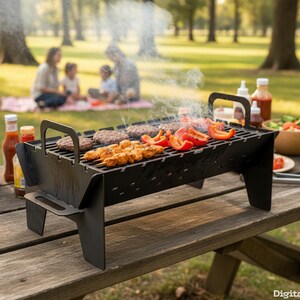 Op de afbeelding: Een zwarte draagbare barbecue met hamburgers, kip en rode paprika's die op de roosters koken. De barbecue staat op een houten picknicktafel met kruiden en een slakom in de buurt. Op de achtergrond picknickt een gezin.