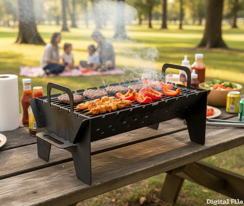 Op de afbeelding: Een zwarte draagbare barbecue met hamburgers, kip en rode paprika's die op de roosters koken. De barbecue staat op een houten picknicktafel met kruiden en een slakom in de buurt. Op de achtergrond picknickt een gezin.