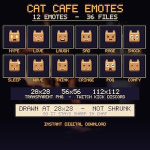 Könnte beinhalten: Eine digitale Sammlung von 12 Pixel-Art-Katzen-Emotes mit dem Titel CAT CAFE EMOTES, die verschiedene Ausdrücke wie HYPE, LOVE, LAUGH, SAD, RAGE, SHOCK, SLEEP, WAVE, THINK, CRINGE, POG und COMFY zeigen. Enthält 36 transparente PNG-Dateien in 28x28, 56x56 und 112x112.