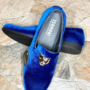 green emerald velvet dress Royal Luxe Men's Blue Leather Loafer Dress Shoes with Metal Buckle Accent