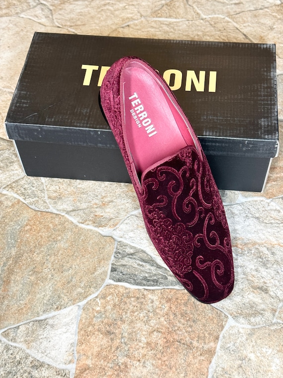 Terroni Burgundy Men\'s Slip-On Dress Shoe-Faux Suede-Paisley Print-Fashionable Terroni Burgundy Men main image 2