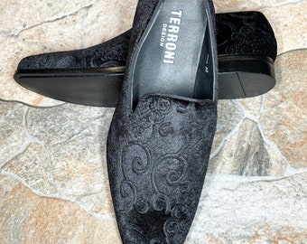 Terroni Black Men's Slip-On Dress Shoe-Faux Suede-Paisley Print-Fashionable-Italian Design-Luxury Comfort Dress Shoe- Wedding Prom Shoe