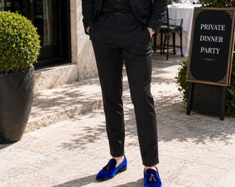 Terroni Royal Blue Men's Slip-On Loafer Shoe-Faux Suede-Tassel-Fashionable-Italian Design-Luxury Comfort Dress Shoe- Wedding Shoe-Prom Shoe