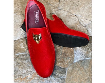 Terroni Red Men's Slip-On Dress Shoe-Fashionable-Italian Design-Luxury Comfort Dress Shoe-Gold Lionhead- Wedding Shoes-Prom Shoe