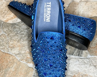 Terroni Royal Blue Men's Slip-On Spikes Dress Shoe-Fashionable-Italian Design-Luxury Comfort Dress Shoe- Wedding Prom Shoe