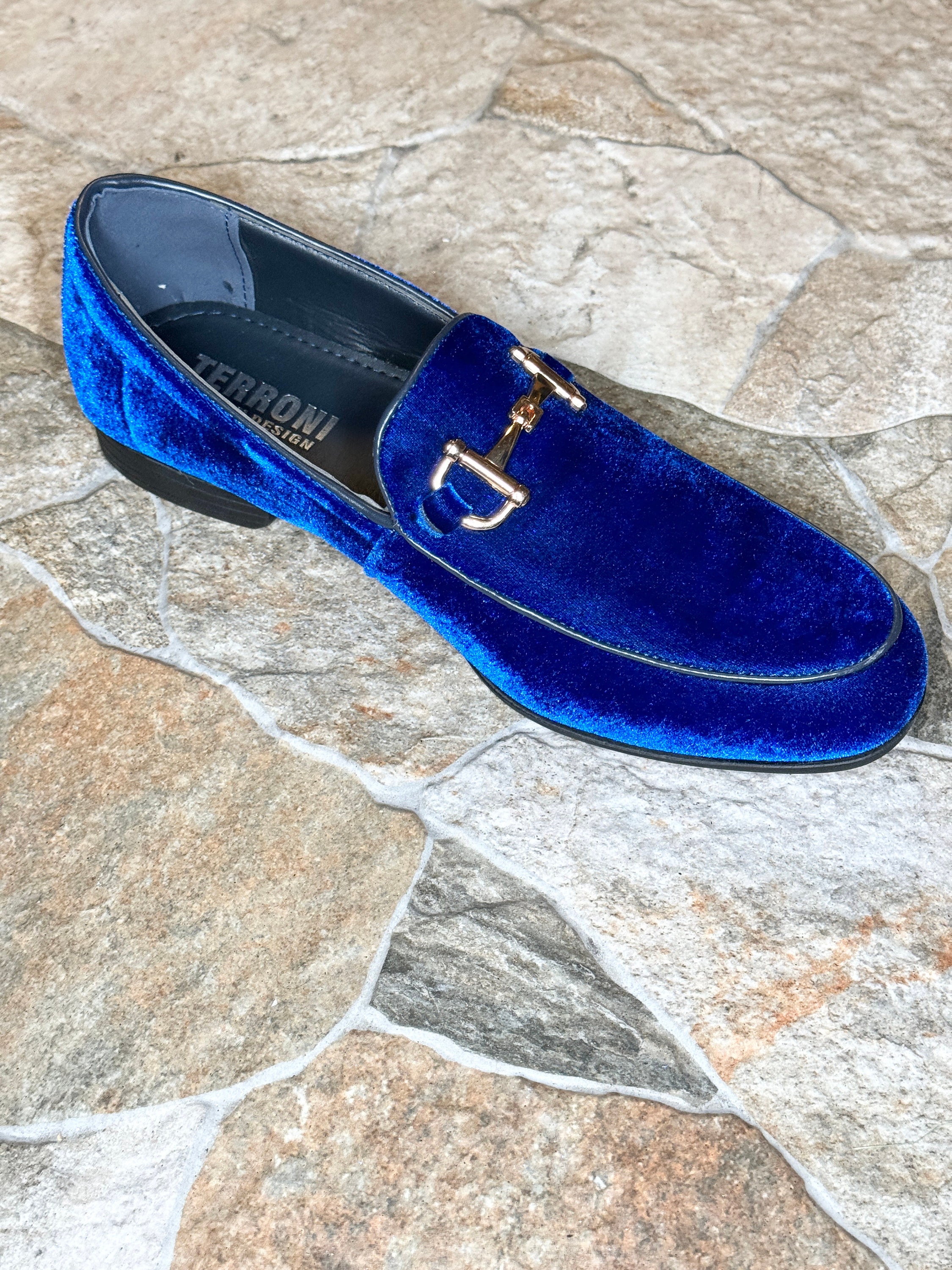 Terroni Royal Blue Men's Slip-On Gold Buckle Dress Shoe-Fashionable-Italian Design-Luxury Comfort Dress Shoe- Wedding Prom Shoe
