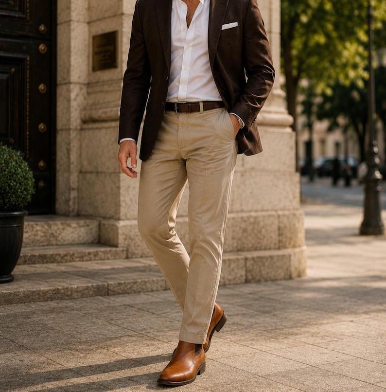 May include: A person wearing a dark brown blazer over a white dress shirt, paired with khaki-colored pants and brown leather shoes. The outfit includes a brown leather belt. The ensemble is a classic, smart casual look.